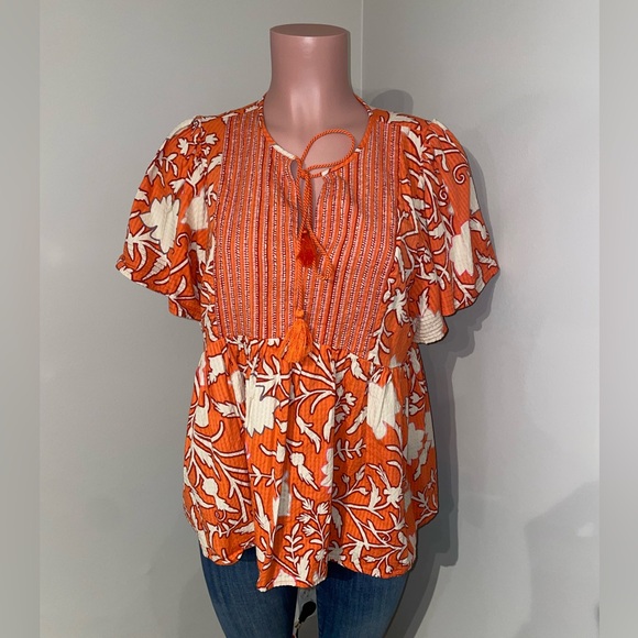 Knox Rose Tops - Knox Rose Flutter Sleeve Boho Top Women Large Orange Peasant Hippie Cottage